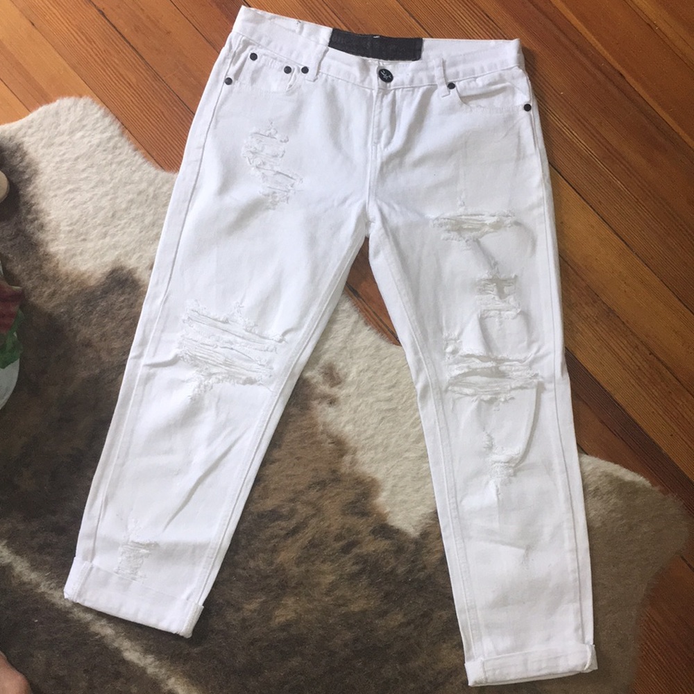 Free People “Mom” Style White Ripped Jeans
